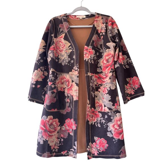 Anthropologie Solitaire Emilie Floral Faux Sueded Kimono Open Jacket S Black Pin - Picture 9 of 13